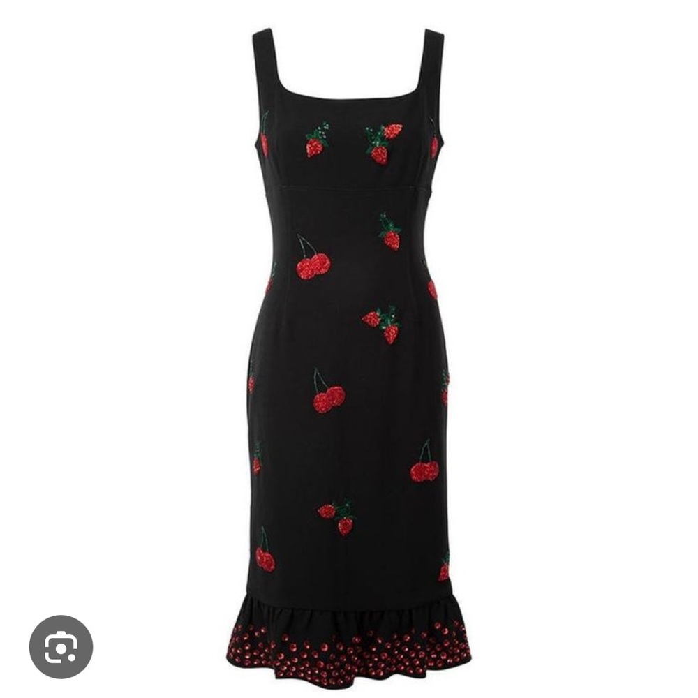 Altuzarra Black Midi Dress with Red Cherry Embellishments